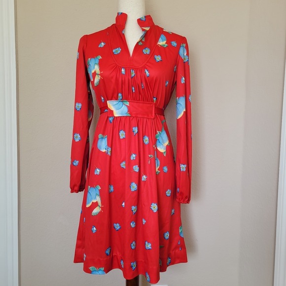 Unknown Dresses & Skirts - Vintage Red Fit N Flare Dress Size M Prairie Cottagecore Floral 70s Long Sleeve